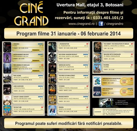 Uvertura Mall: Vezi ce filme rulează la Cine Grand în perioada 31 ianuarie – 6 februarie 2014!