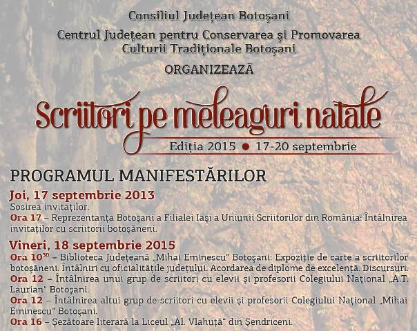 Manifestare culturală la Botoșani „Scriitori pe meleaguri natale”. Vezi programul manifestării