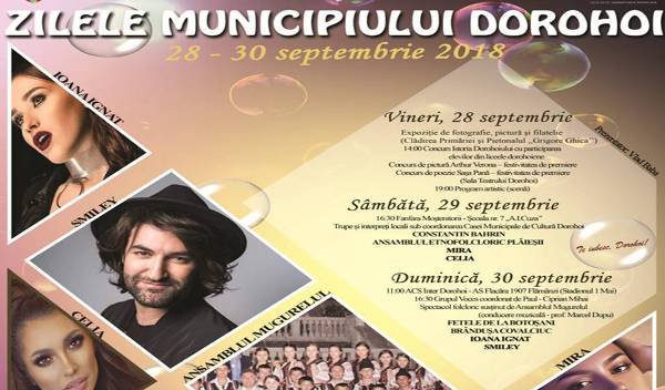 SMILEY, CELIA, Ansamblul PLĂEȘII și botoșăneanca IOANA IGNAT vor cânta la „Zilele Municipiului Dorohoi 2018”. Vezi programul complet