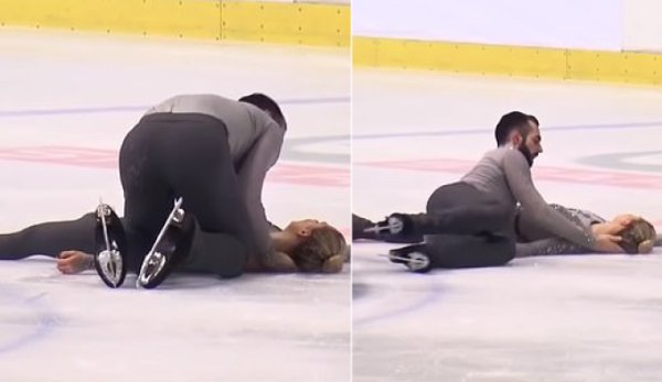 Moment horror în patinaj: a leșinat după ce a fost scăpată în cap de partener