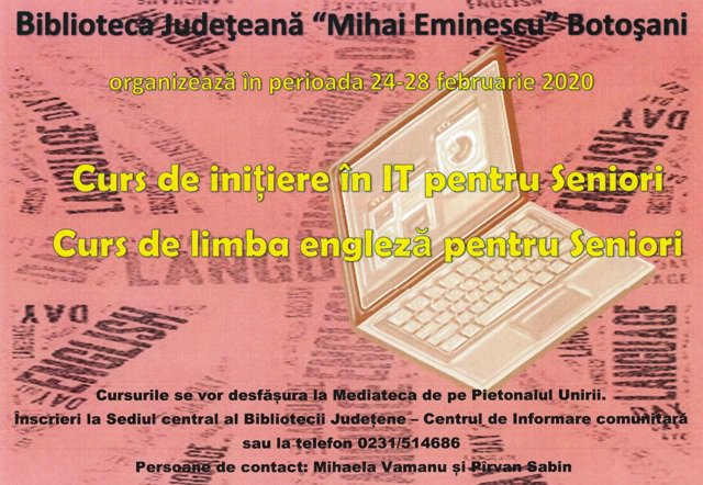 Cursuri de IT și engleză pentru seniori, la Biblioteca Județeană „Mihai Eminescu” Botoșani