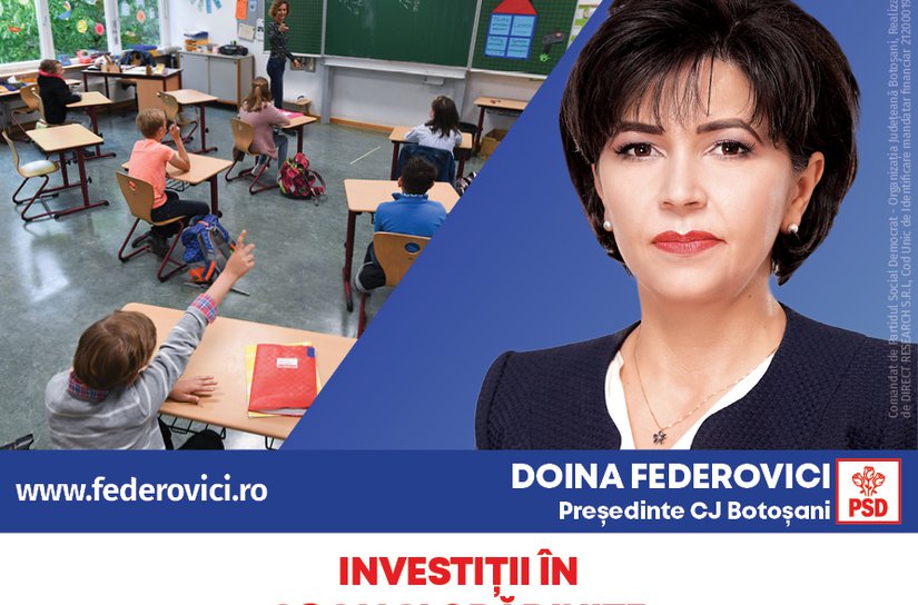 Doina Federovici: Continuăm investițiile în educație! Ne-am ținut de cuvânt: 164 de școli și grădinițe în 55 de localități, construcții noi și reabilitate în Guvernarea PSD!