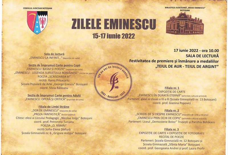 Premiile Eminescu „Teiul de aur” și „Teiul de argint”, decernate la Biblioteca Botoșani