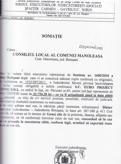 Primăria din Manoleasa este în procedură de executare silită