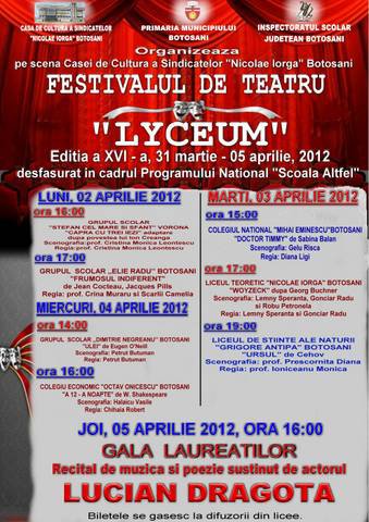 Botoșani: Festivalul de teatru pentru liceeni LYCEUM