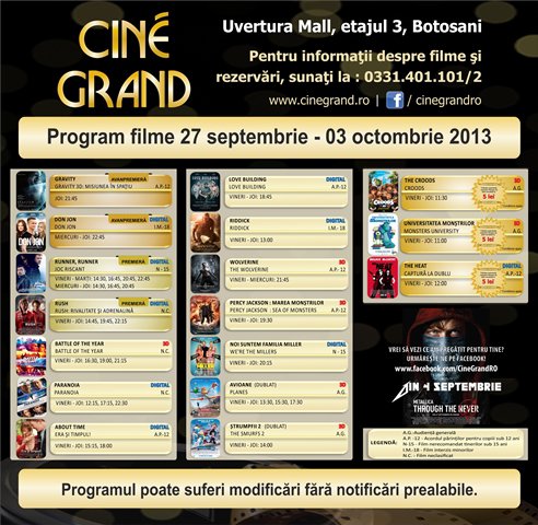 Uvertura Mall: Vezi ce filme rulează la Cine Grand în perioada 27 septembrie – 3 octombrie 2013!