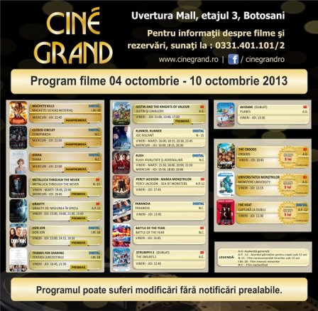 Uvertura Mall: Vezi ce filme rulează la Cine Grand în perioada 4 - 10 octombrie 2013!