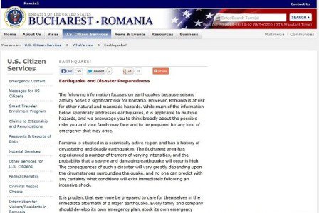 Avertizare de cutremur în România pe site-ul ambasadei SUA