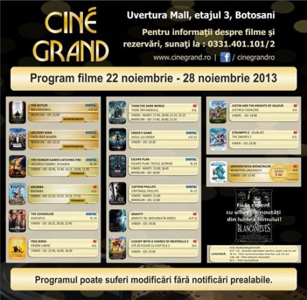 Uvertura Mall: Vezi ce filme rulează la Cine Grand în perioada 22-28 noiembrie 2013!