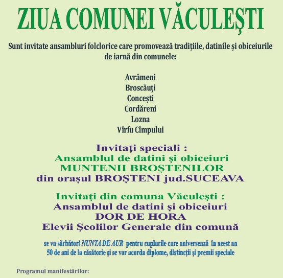 Ziua comunei Văculești sărbătorită duminică 28 decembrie cu datini și obiceiuri de iarnă. Vezi programul!