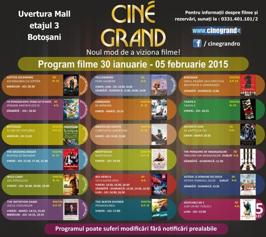 Vezi ce filme vor rula la Cine Grand - Uvertura Mall Botoșani, în perioada 30 ianuarie - 05 februarie 2015!