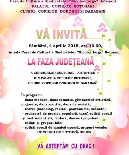 O nouă ediţie a Concursului Judeţean al cercurilor cultural-artistice din Palatul Copiilor Botosani, Clubul Copiilor Dorohoi și Darabani
