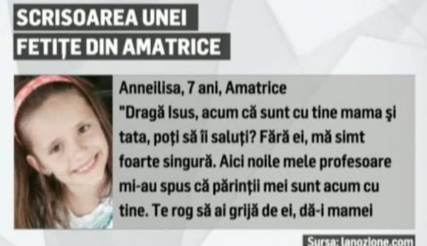 Scrisoarea unei fetiţe din Amatrice rămasă orfană cutremură planeta: „Dragă Iisus...”