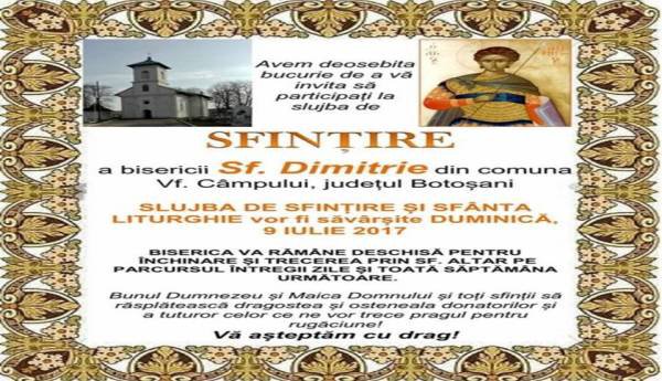 PS Calinic Botoşăneanul va sfinţi Biserica „Sfântul Mare Mucenic Dimitrie” din comuna Vârfu Câmpului