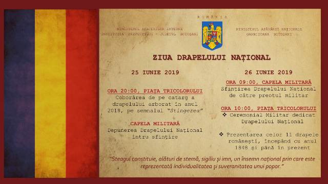 Instituţia Prefectului şi Garnizoana Botoşani invită botoşănenii să participe la Ziua Drapelului. Onorăm simbolurile naţionale!