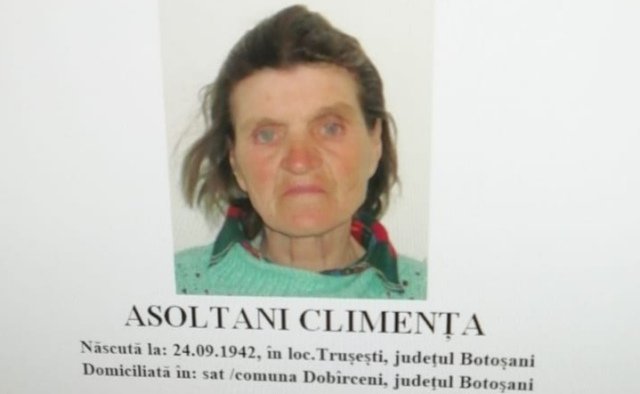 Femeie de 77 de ani dispărută după ce a mers să-şi viziteze fiul