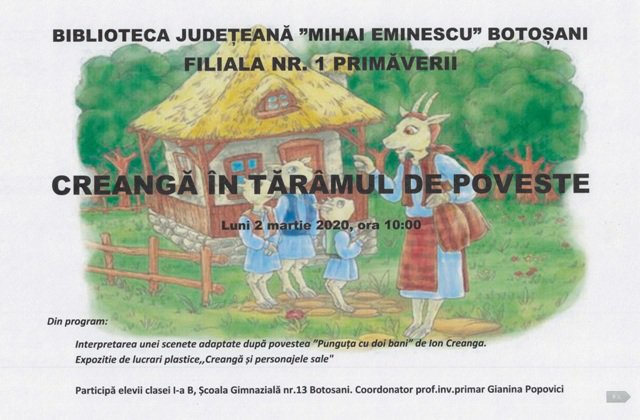 „Portret – Ion Creangă” la Biblioteca Județeană cu elevii clasei I-a B de la Școala Gimnazială nr.13 Botoșani