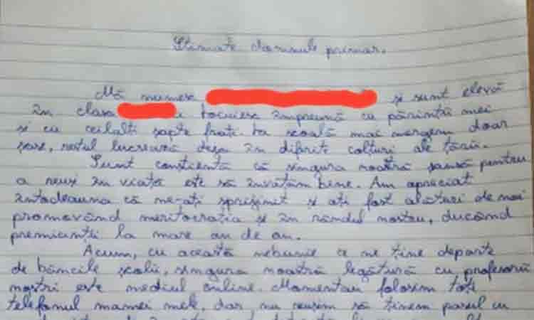 Scrisoarea care a emoționat până la lacrimi! O elevă i-a cerut primarului să-i cumpere un telefon pentru cursurile online