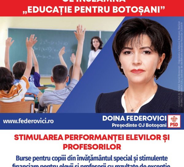 Doina Federovici: „Bursele suplimentare pentru copiii din învățământul special și stimulentele pentru elevii și profesorii cu performanțe deosebite sunt prioritățile mele”