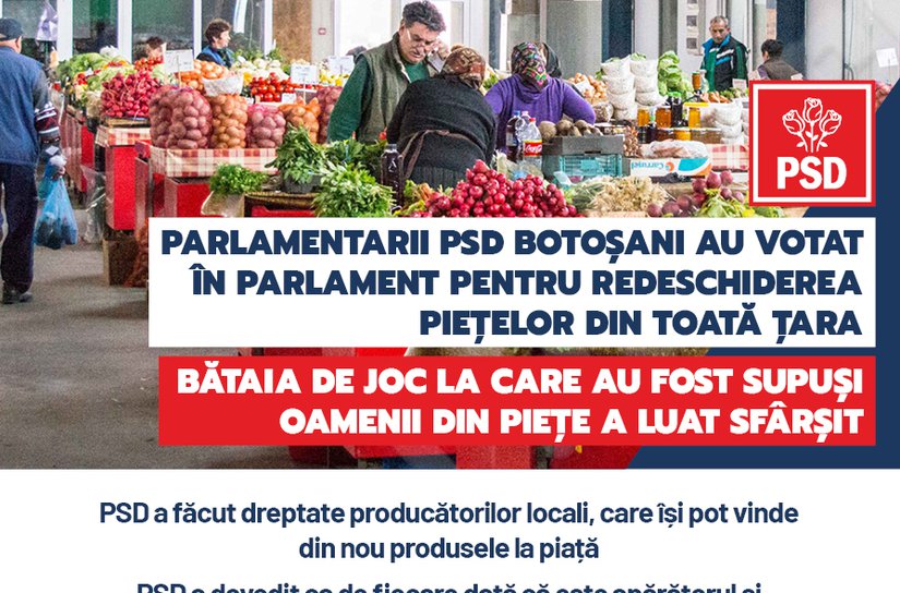 Prefectul PNL de Botoșani după ce a executat ordinul lui Orban de închidere a piețelor a aruncat vina pe PSD. Parlamentarii social-democrați botoșăneni au votat redeschiderea în regim de urgență!