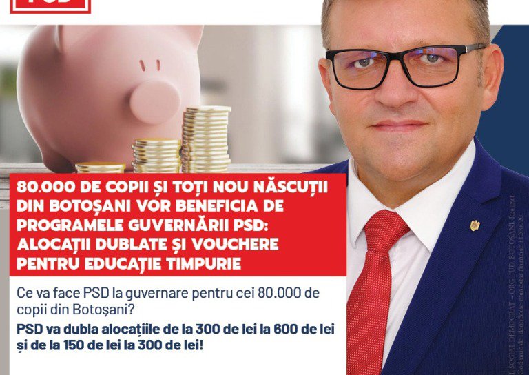 Marius Budăi, deputat PSD: „80.000 de copii și toți nou născuți din Botoșani vor beneficia de programele guvernării PSD: alocații dublate și vouchere pentru educație”
