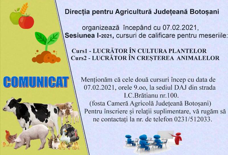 Direcția pentru Agricultură Județeană Botoșani organizează cursuri de calificare în domeniul agricol