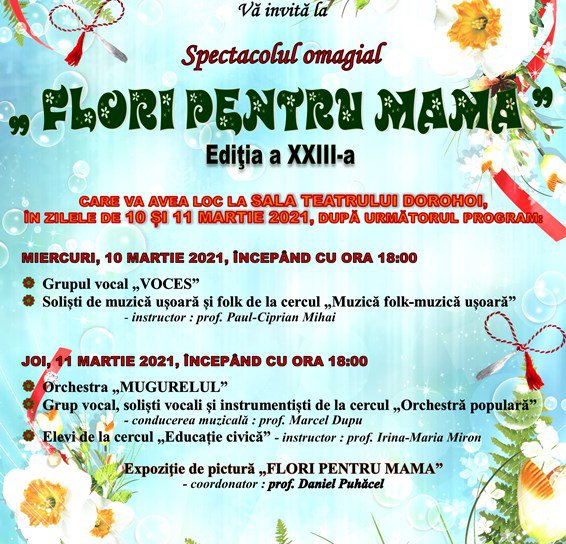 Clubul Copiilor Dorohoi organizează Concertul omagial „Flori pentru mama”, ediția a XXIII-a. Vezi programul!