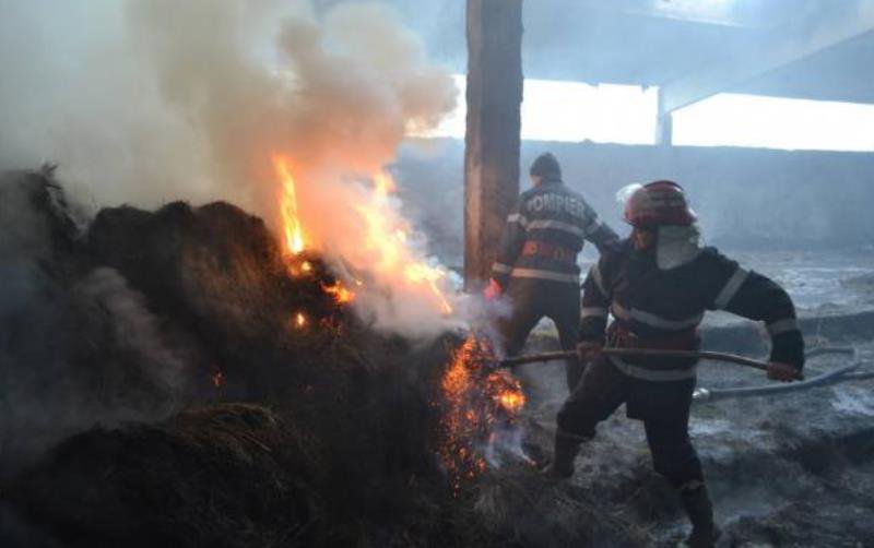 Depozit de furaje incendiat din joacă. Trei ore s-au luptat pompierii cu focul