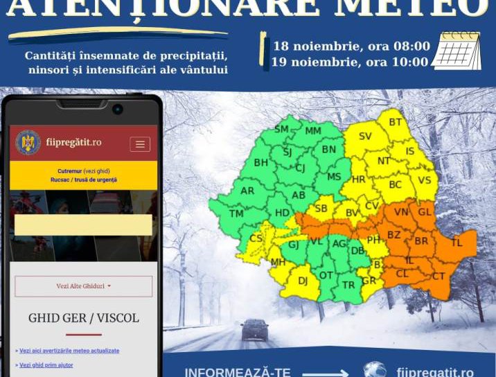 Avertizare meteo! Cod Galben de instabilitate atmosferică - ninsoare