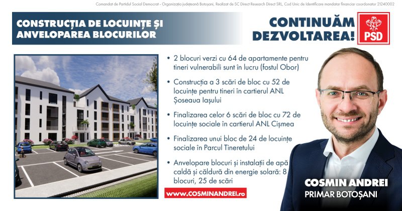 Cosmin Andrei a anunțat că va continua construcția de locuințe și programele de reabilitare termică a blocurilor. Începe construcția locuințelor pentru tineri din zona fostului Obor