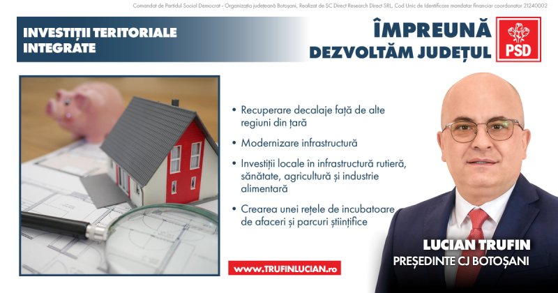 Ce înseamnă programul „INVESTIȚII TERITORIALE INTEGRATE” inițiat de Lucian Trufin, candidat PSD pentru Consiliul Județean