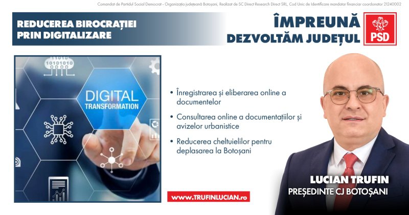 Ce conține Programul „REDUCEREA BIROCRAȚIEI PRIN DIGITALIZARE” propus de Lucian Trufin candidatul PSD pentru Consiliul Județean