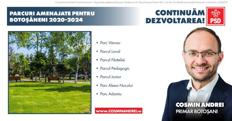 Cosmin Andrei: „În mandatul următor voi continua modernizarea parcurilor și amenajarea de noi zone verzi în toate zonele municipiului”