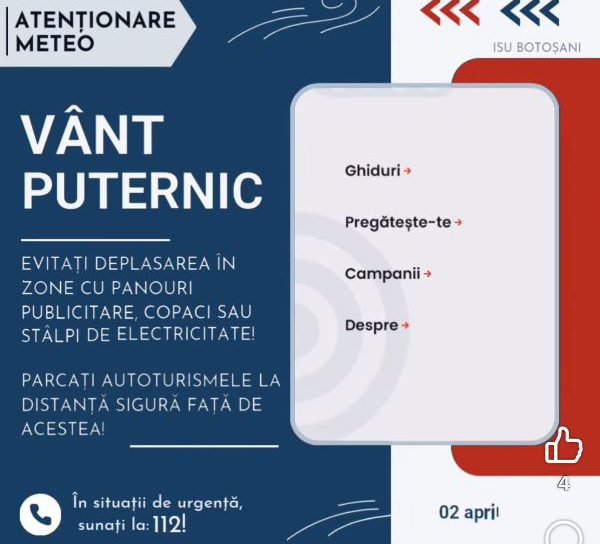 Meteorologii au emis atenționări tip cod galben de intensificări ale vântului, pentru județul Botoșani