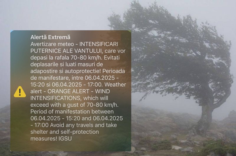 COD PORTOCALIU de intensificări ale vântului în județul Botoșani. Cetățenii avertizați prin mesaj RO-ALERT