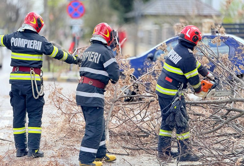 Tencuială desprinsă de pe blocuri, copaci doborâți, localități fără curent electric din cauza vântului. Pompierii au intervenit