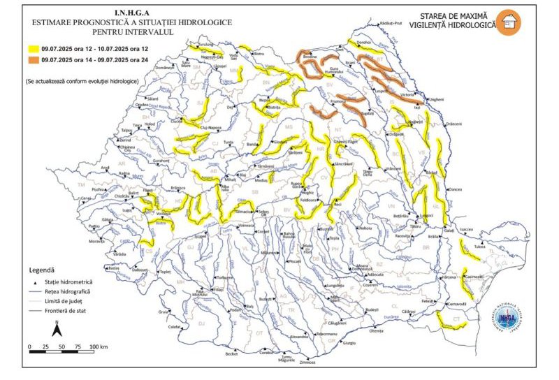 Cod GALBEN și PORTOCALIU de inundații pe râul Jijia și afluenții acestuia