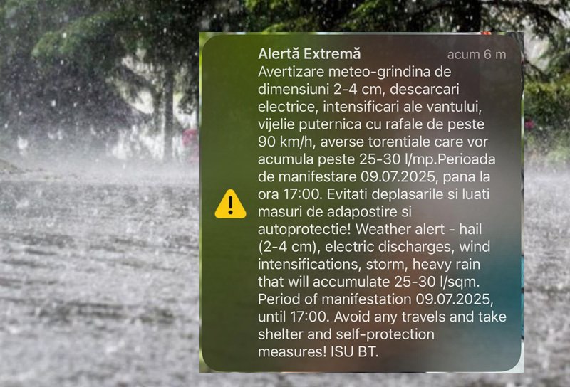 Meteorologii au emis o avertizare nowcasting COD ROSU. Cetățenii au fost avertizați prin RO-Alert