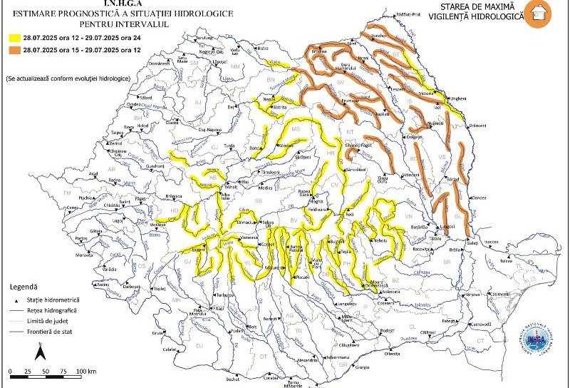 Cod Portocaliu și Galben de inundații pe râurile Prut, Jijia și afluenții acestora