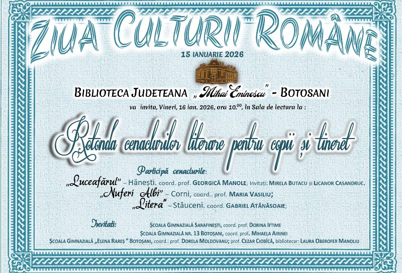 „Ziua Culturii Române 2026” Biblioteca Județeană „Mihai Eminescu” Botoșani