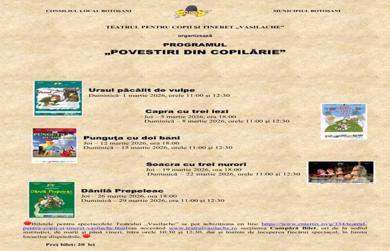 Spectacole după Ion Creangă în luna martie la Teatru „Vasilache” POVESTIRI DIN COPILĂRIE