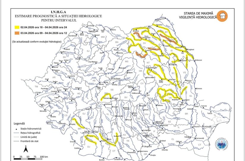 Cod Portocaliu și Galben de inundații pe râurile Siret, Jijia, Miletin și afluenții acestora