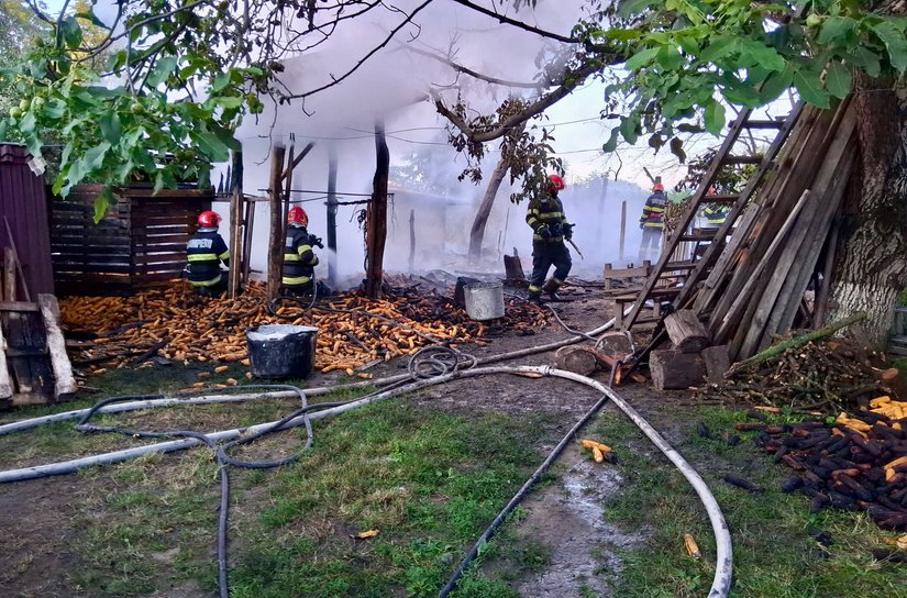 Incendiu puternic la Carasa. Adăpost de animale, depozit de furaje și anexă cuprinse de flăcări