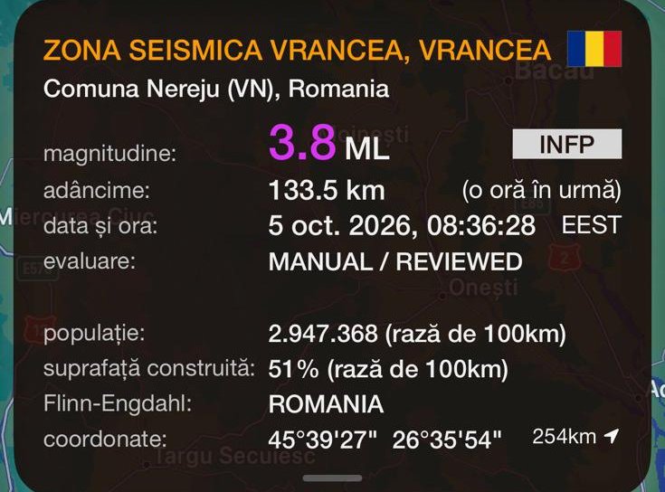 Cutremur cu magnitudinea de 3,8 produs în această dimineața în zona seismică Vrancea