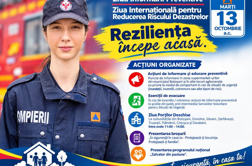 „Reziliența începe acasă” - ISU Botoșani alături de comunitate de Ziua Internațională pentru Reducerea Riscului Dezastrelor și Ziua Informării Preventive